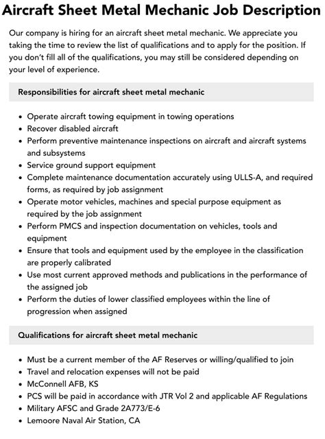 aircraft sheet metal hiring|aircraft sheet metal job description.